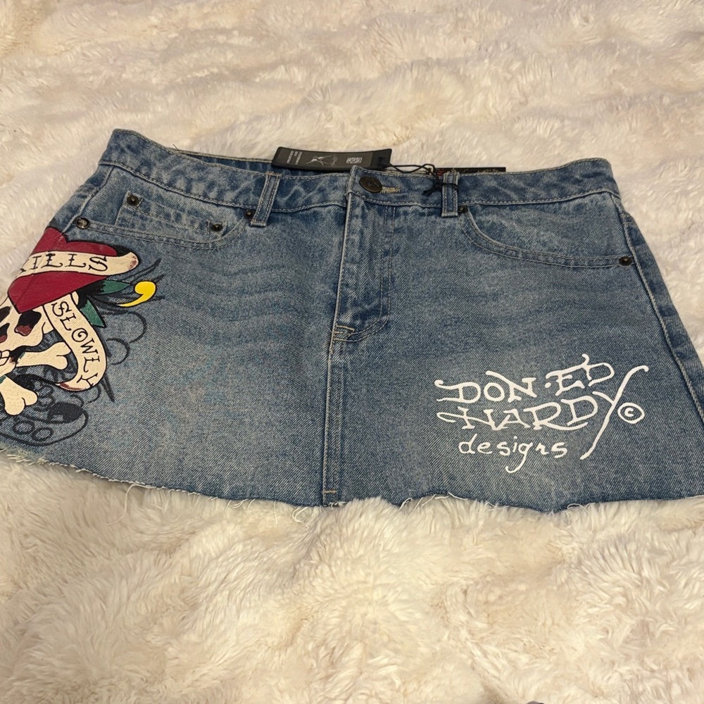 Ed Hardy Women's Blue Denim Mini Skirt with Skull Design